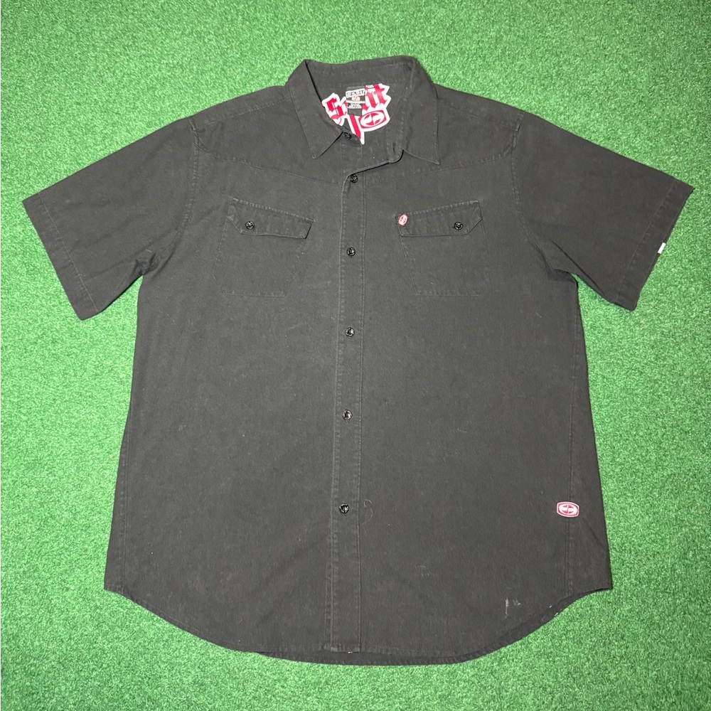 Split Vintage Button Up Skater Grunge Black XXL 90s Y2K Casual Shirt